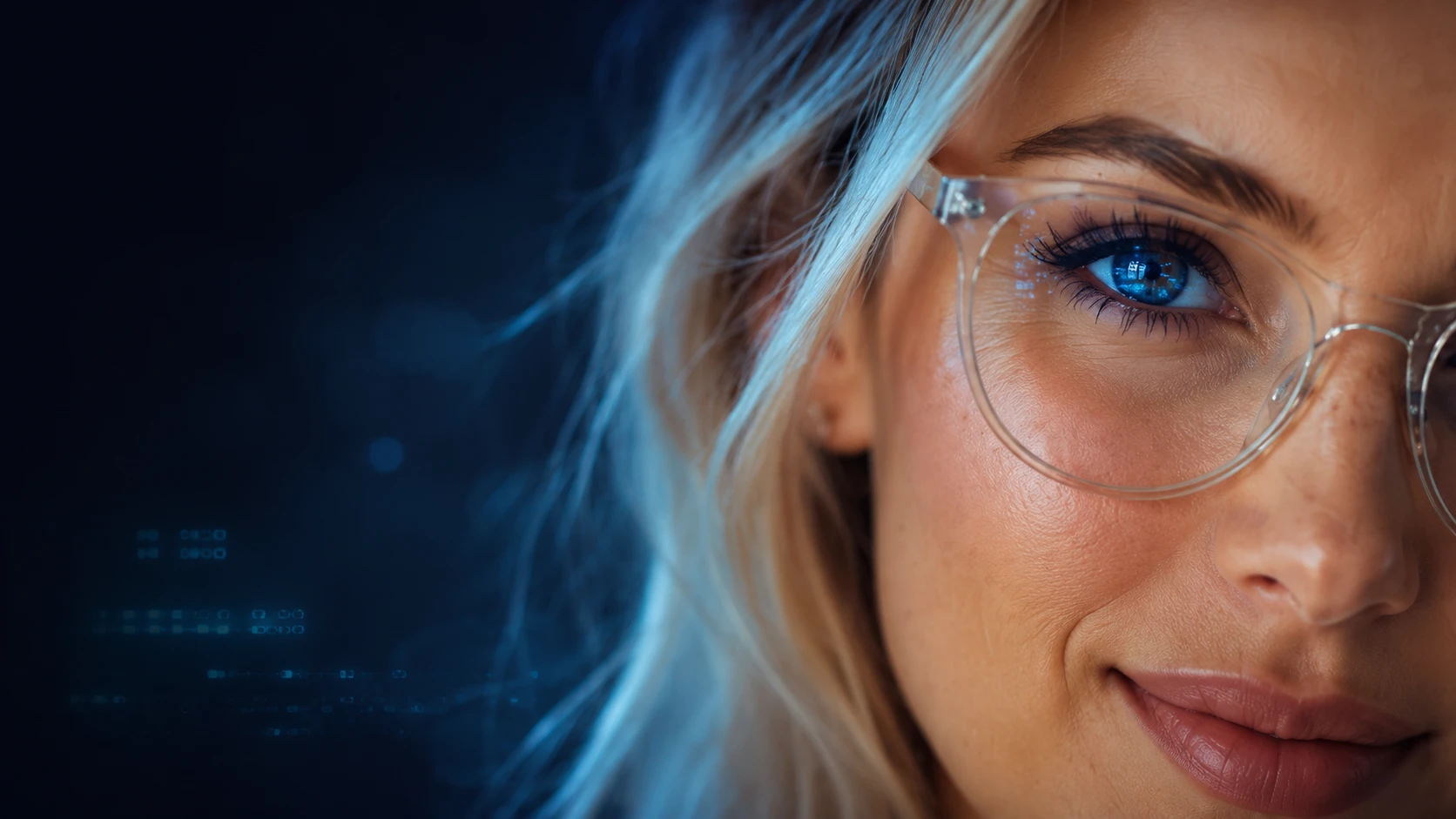Close-up of a smiling woman in clear glasses, with blue data reflected in her eye