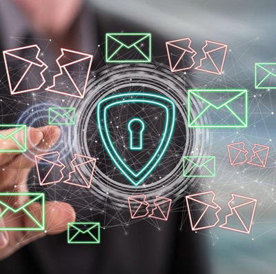 A padlock surrounded by email icons, some of them broken