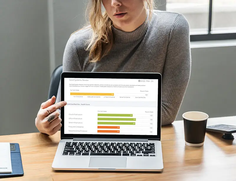 A Solid Systems Review report on a laptop, scoring each area of a business's IT
